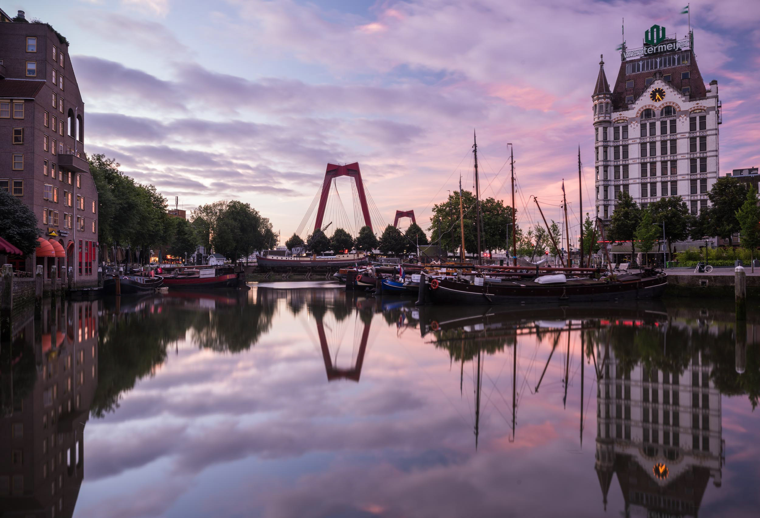 old-harbour-dawn-reflection-still-wijnhaven-rotterdam-netherlands-holland