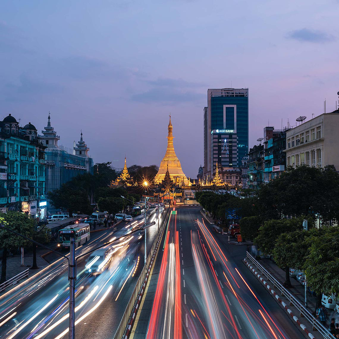 Sule Pagoda Temple Night City Yangon Rangoon Myanmar Cityscape Twilight